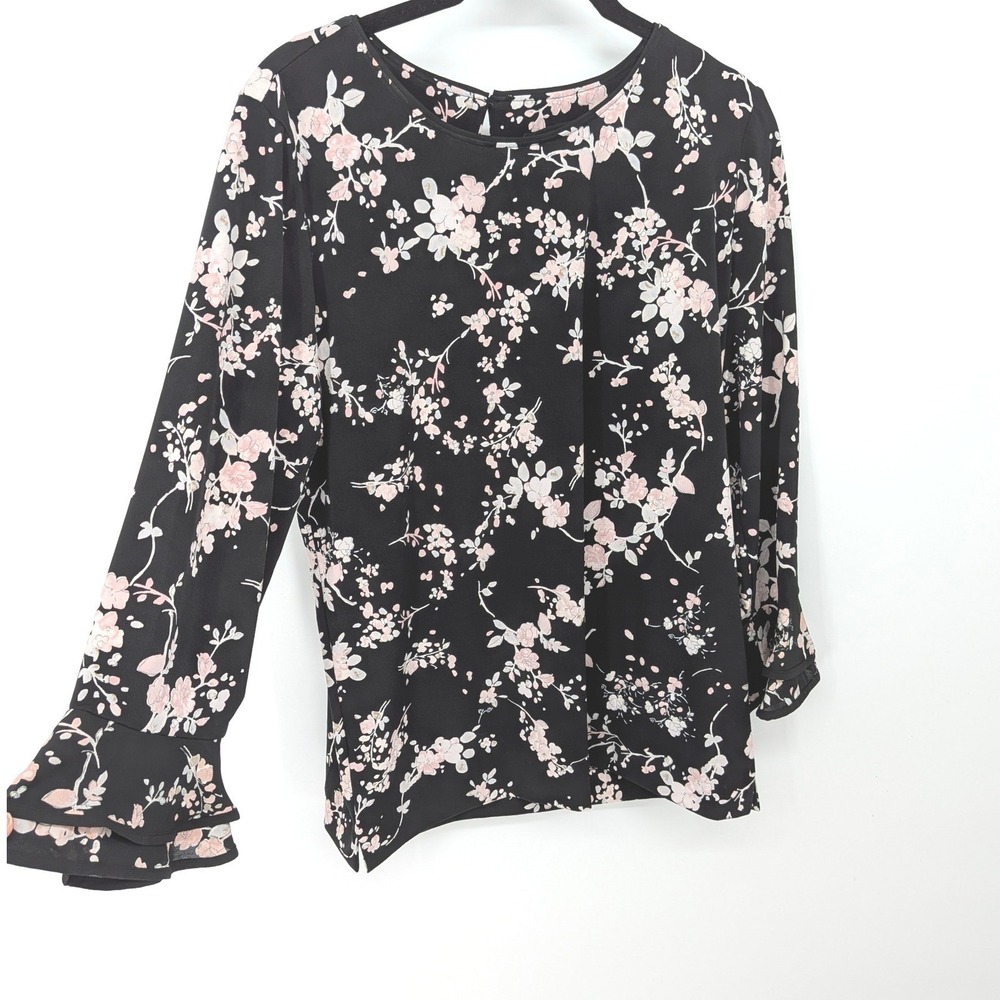 Karl Lagerfeld Paris Blouse Women Medium Black Floral Bell Sleeve Pearl Accent